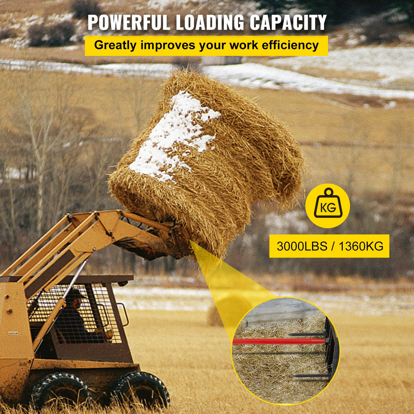 VEVOR Hay Spear 49" Bale Spear 3000 lbs Capacity, Bale Spike Quick Attach Square Hay Bale Spears 1 3/4" Wide, Red Coated Bale Forks, Bale Hay Spike with 2 Stabilizer Spears Conus 2