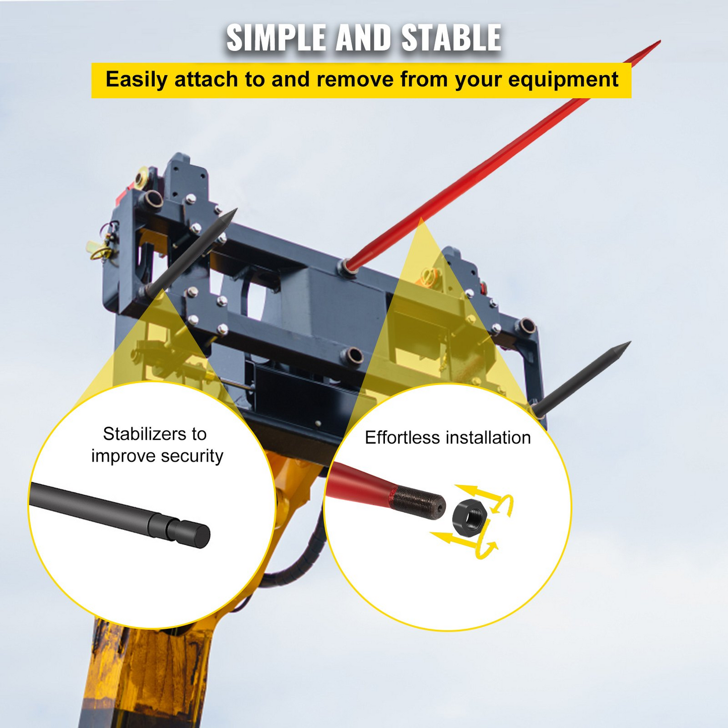 VEVOR Hay Spear 49" Bale Spear 3000 lbs Capacity, Bale Spike Quick Attach Square Hay Bale Spears 1 3/4" Wide, Red Coated Bale Forks, Bale Hay Spike with 2 Stabilizer Spears Conus 2