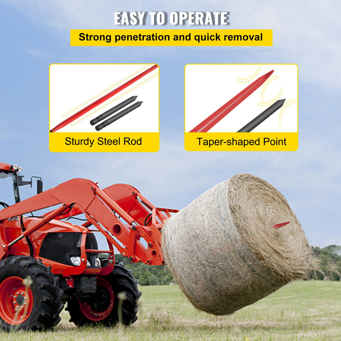 VEVOR Hay Spear 49" Bale Spear 3000 lbs Capacity, Bale Spike Quick Attach Square Hay Bale Spears 1 3/4" Wide, Red Coated Bale Forks, Bale Hay Spike with 2 Stabilizer Spears Conus 2