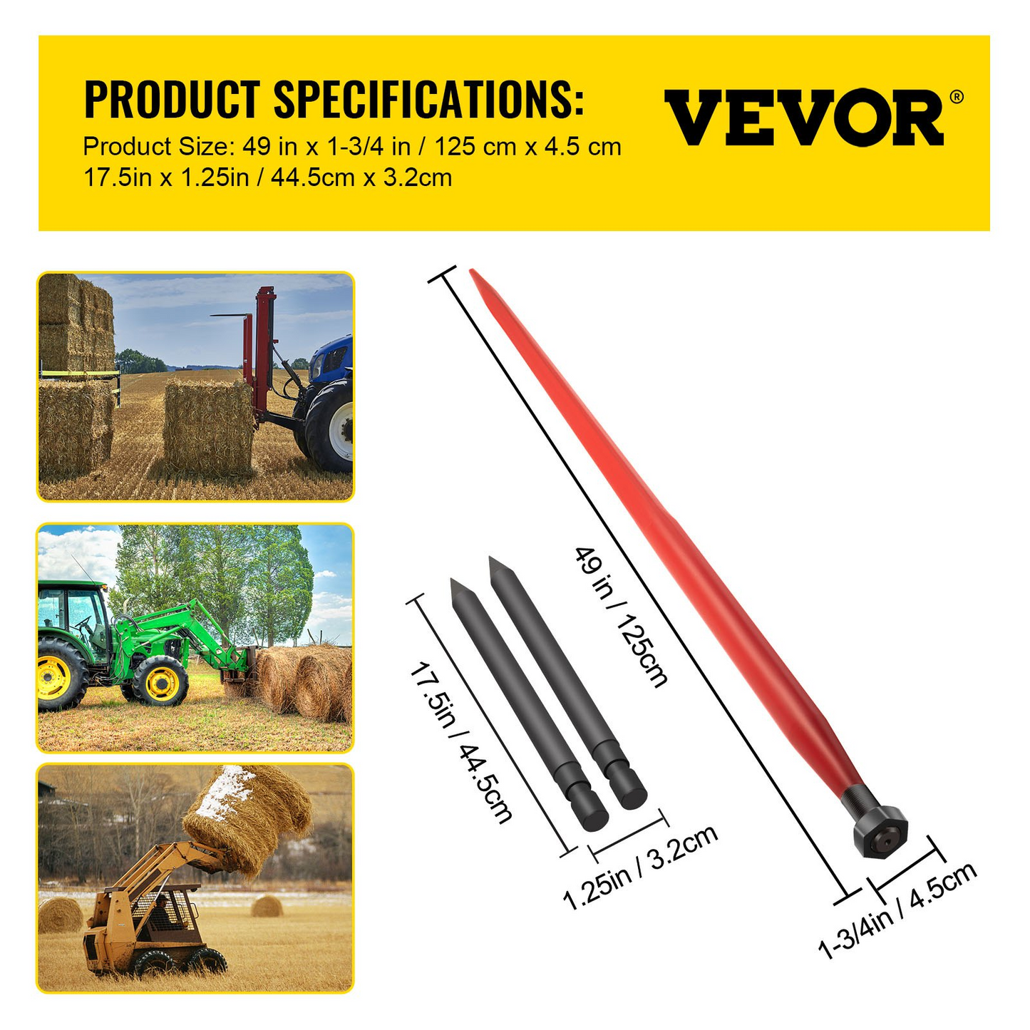 VEVOR Hay Spear 49" Bale Spear 3000 lbs Capacity, Bale Spike Quick Attach Square Hay Bale Spears 1 3/4" Wide, Red Coated Bale Forks, Bale Hay Spike with 2 Stabilizer Spears Conus 2