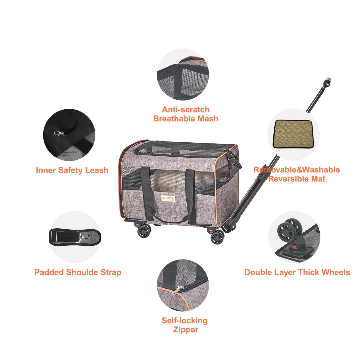 VEVOR Cat Carrier with Wheels, Airline Approved Rolling Pet Carrier with Telescopic Handle and Shoulder Strap, Dog Carrier with Wheels for Pets under 22 lbs, with 1 Folding Bowl, Grey
