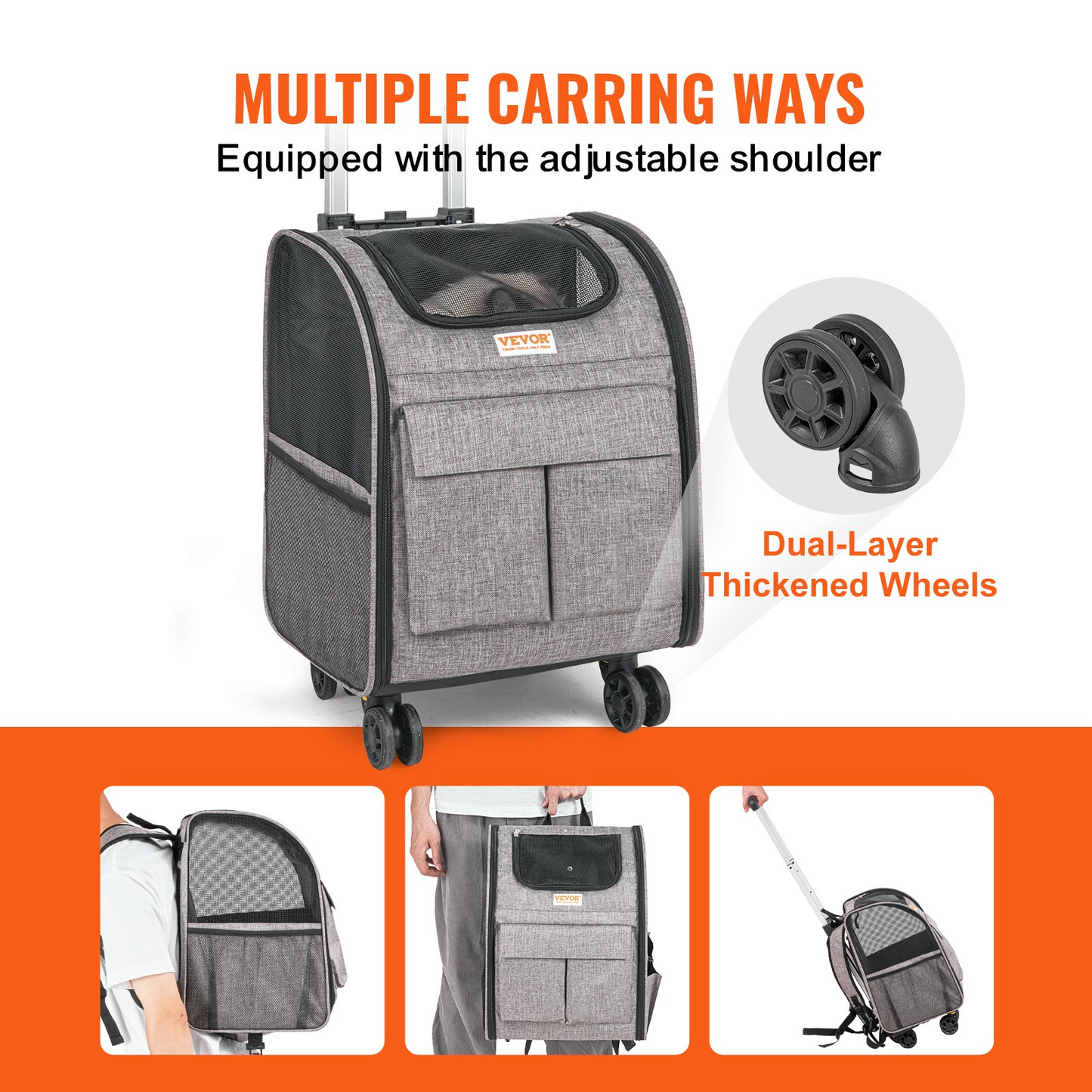VEVOR Cat Carrier with Wheels, Rolling Pet Carrier with Telescopic Handle and Shoulder Strap, Dog Carrier with Wheels for Pets under 18 lbs, with 1 Folding Bowl, Grey