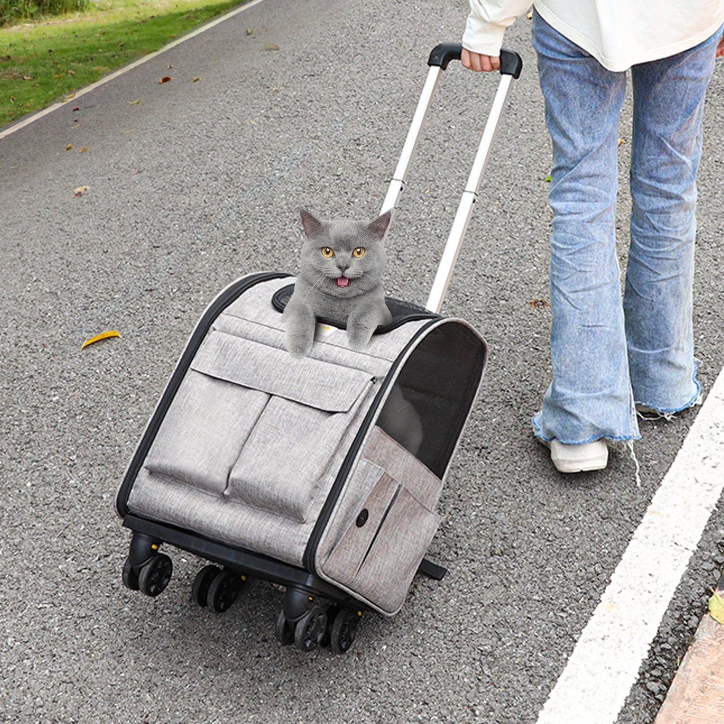 VEVOR Cat Carrier with Wheels, Rolling Pet Carrier with Telescopic Handle and Shoulder Strap, Dog Carrier with Wheels for Pets under 18 lbs, with 1 Folding Bowl, Grey