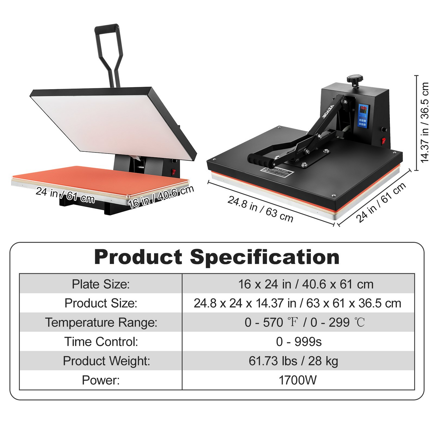VEVOR Heat Press 16x24, 1700W Power Heat Press Machine, Fast Heating, High Pressure Heat Press Machine for T-Shirt, Digital Industrial Sublimation Printer for Heat Transfer Vinyl, Easy to Use, Black