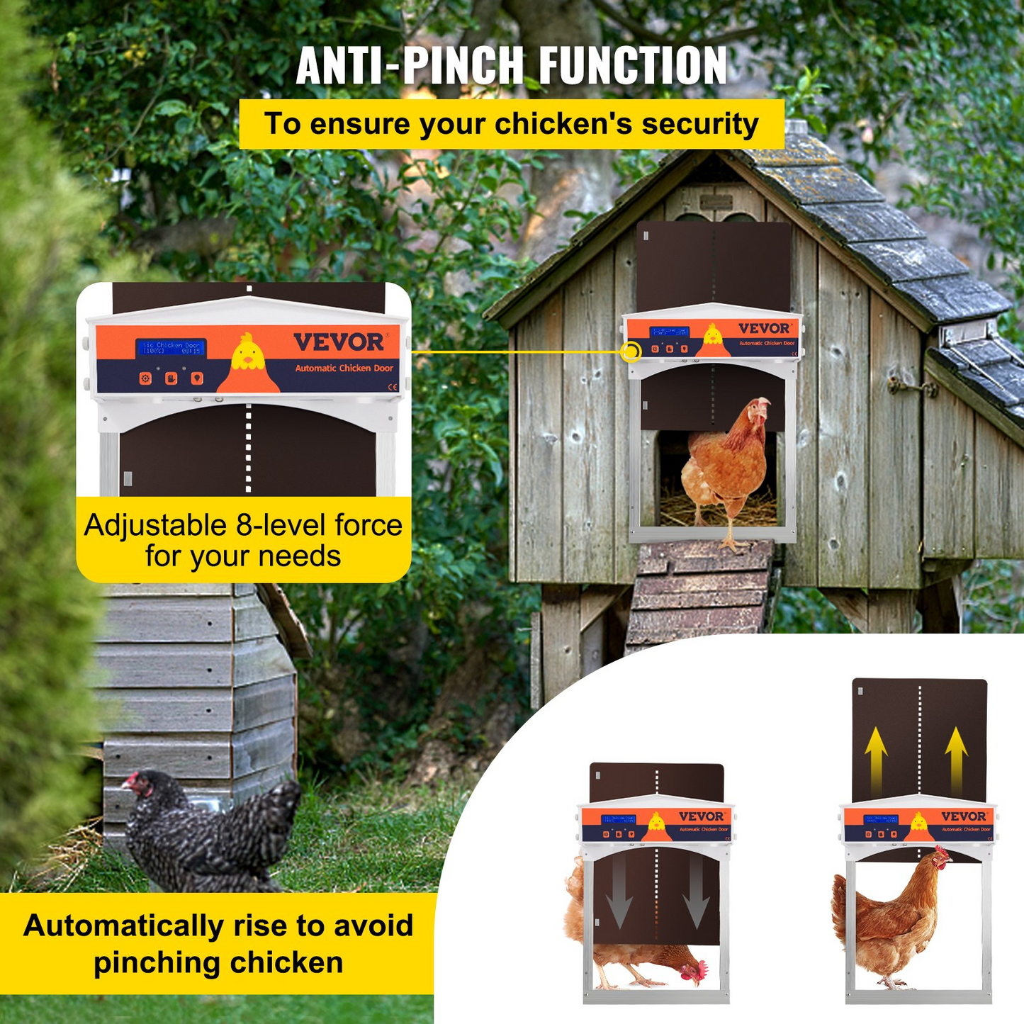 VEVOR Brown Automatic Chicken Coop Door, Auto Close, Gear Lifter Galvanized Poultry Gate with Evening and Morning Delayed Opening Timer & Light Sensor, Battery Powered LCD Screen, for Duck