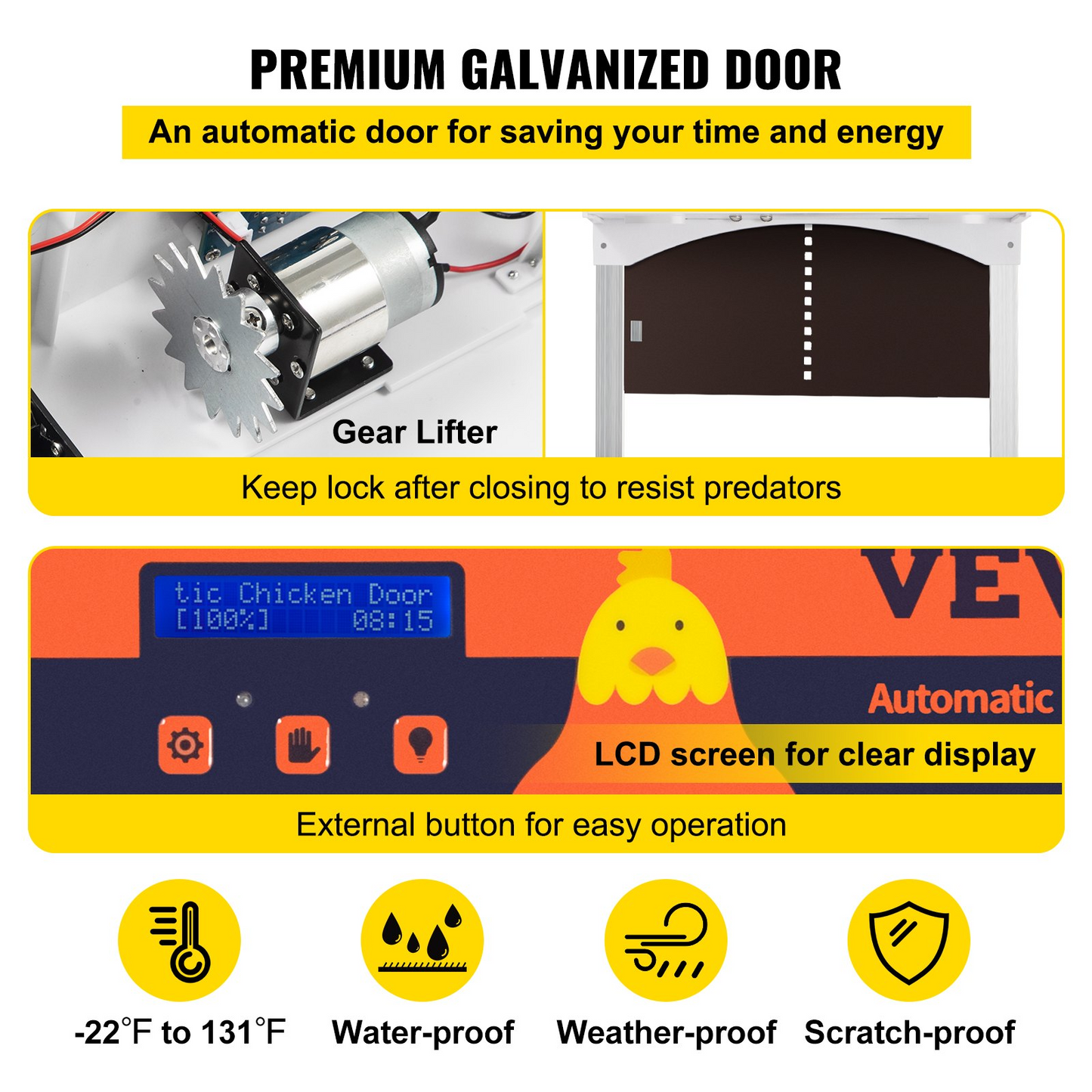 VEVOR Brown Automatic Chicken Coop Door, Auto Close, Gear Lifter Galvanized Poultry Gate with Evening and Morning Delayed Opening Timer & Light Sensor, Battery Powered LCD Screen, for Duck
