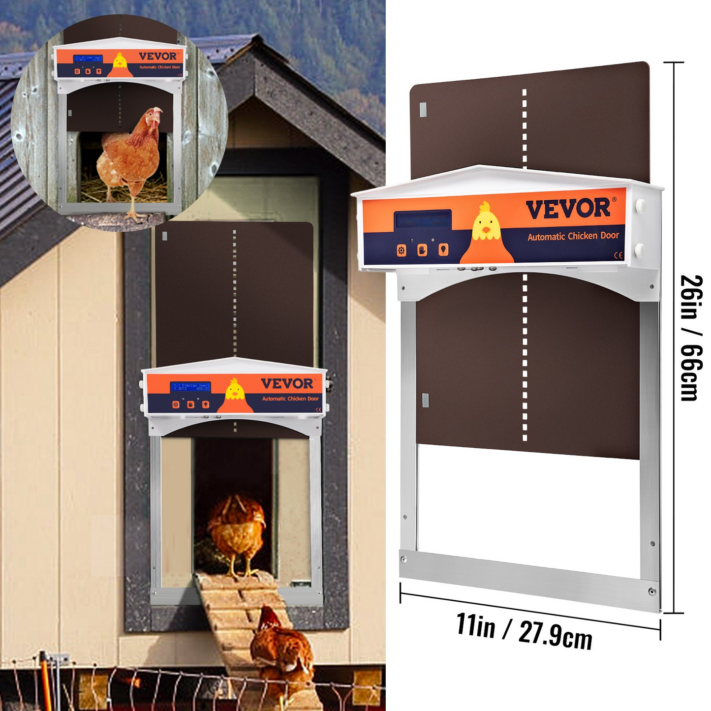 VEVOR Brown Automatic Chicken Coop Door, Auto Close, Gear Lifter Galvanized Poultry Gate with Evening and Morning Delayed Opening Timer & Light Sensor, Battery Powered LCD Screen, for Duck