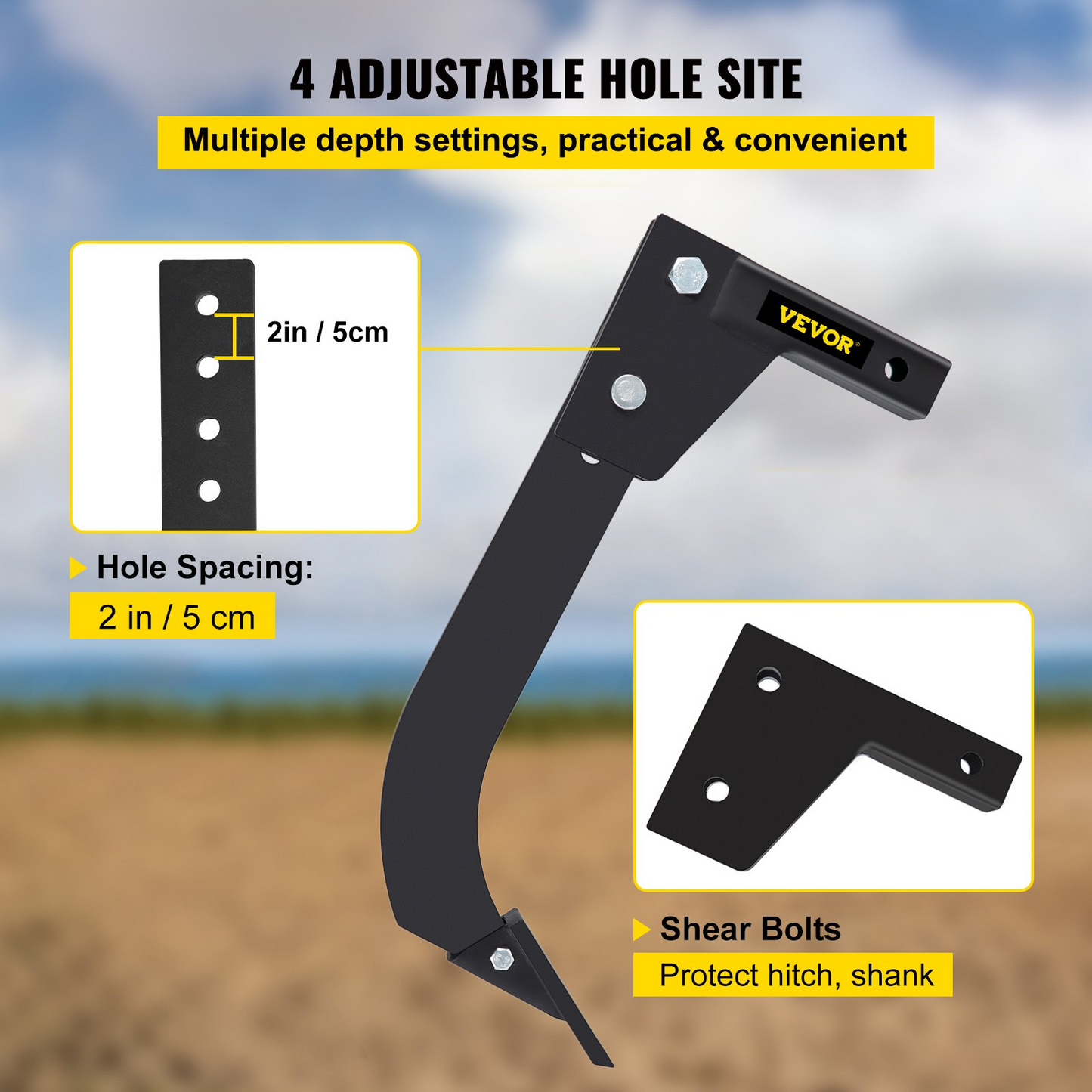 VEVOR Hitch Mounted Ripper, 18" Shank Length Box Scraper Shank, 4 Hole Site Box Blade for Tractor, 2 Locating Pins Ripper Shank, 2 Plough Tips Box Blade Shank Teeth