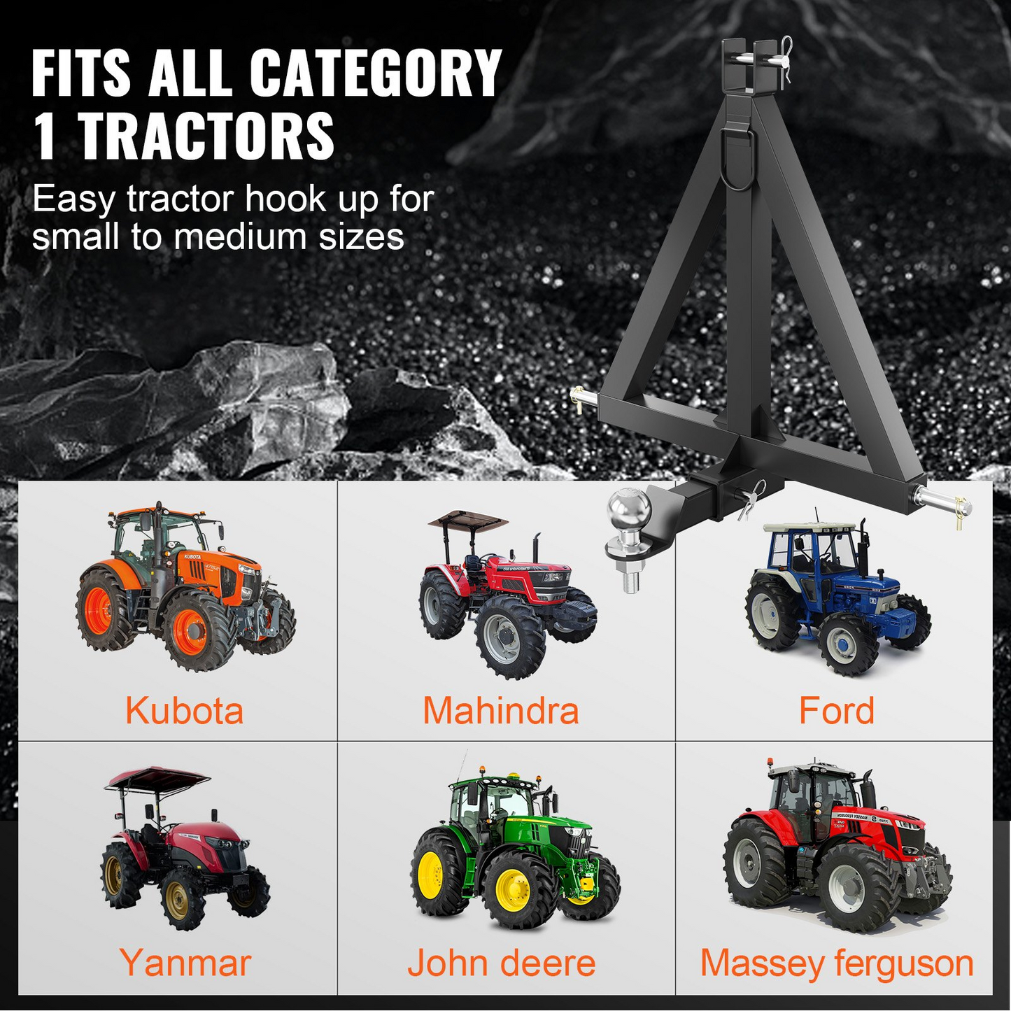 VEVOR 3 Point Hitch Receiver, 2" Receiver Trailer Hitch Category 1 Tractor Tow Drawbar Adapter with Pins, Compatible with Kubota, Mahindra, Yanmar, Ford, John Deere, Massey Ferguson