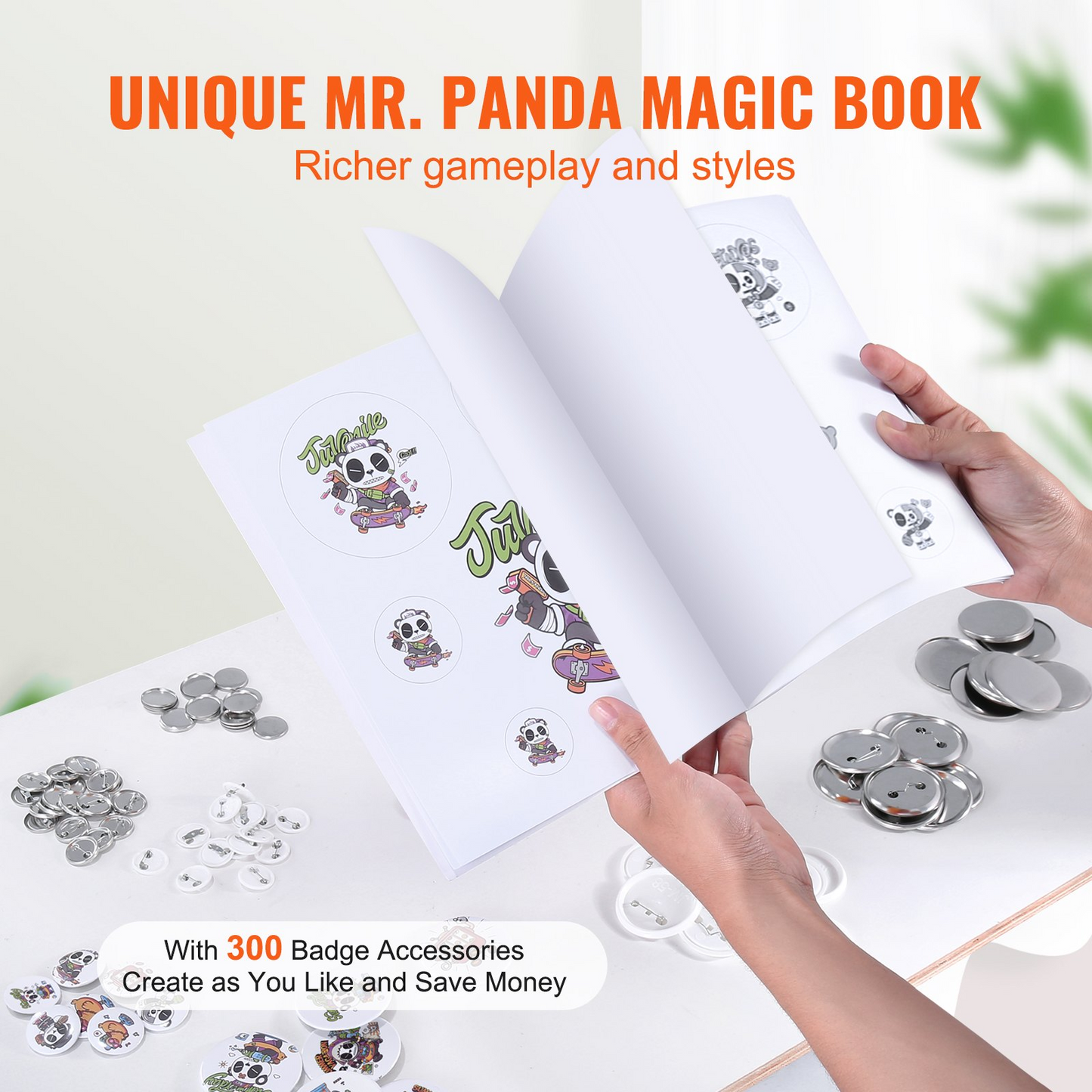 VEVOR Button Maker, 1/1.25/2.28 inch(25/32/58mm) 3-IN-1 Pin Maker, with 300pcs Button Parts, Button Maker Machine with Panda Magic Book, Ergonomic Arc Handle Punch Press Kit, For Children DIY Gifts