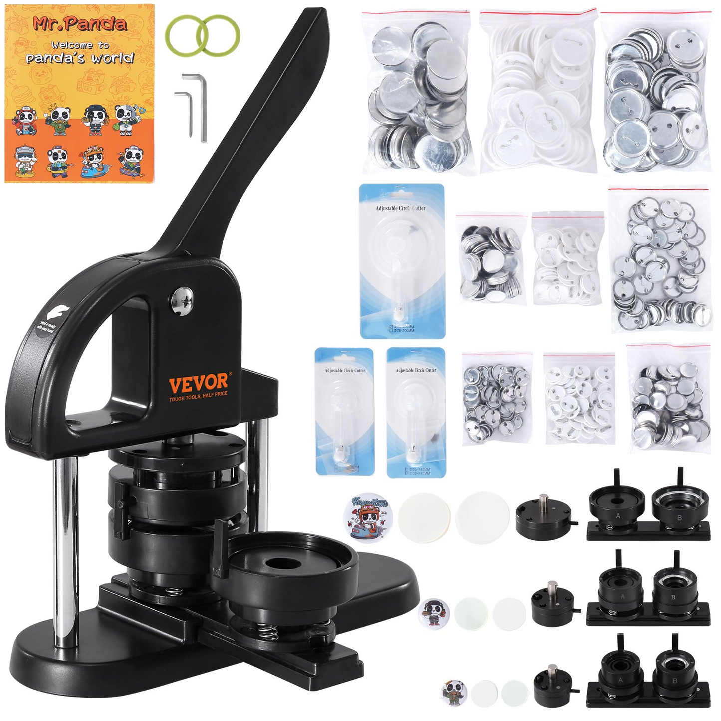 VEVOR Button Maker, 1/1.25/2.28 inch(25/32/58mm) 3-IN-1 Pin Maker, with 300pcs Button Parts, Button Maker Machine with Panda Magic Book, Ergonomic Arc Handle Punch Press Kit, For Children DIY Gifts