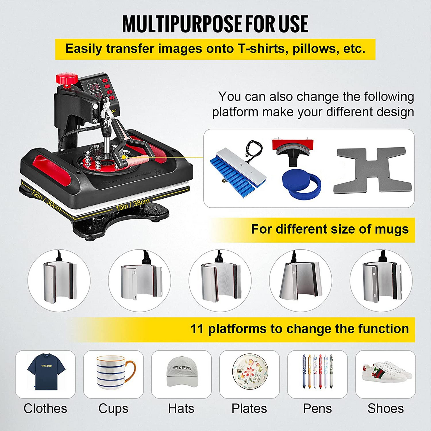 VEVOR 11 in 1 Heat Press, 12 x 15 Inch, Multifunctional Clamshell Printer, Digital Dual-Tube Heat Press Transfer Machine, Swing Away Sublimation Machine for T-Shirt Hat Cap Mug Plate Pen Shoes Black,360° Swing Away Design