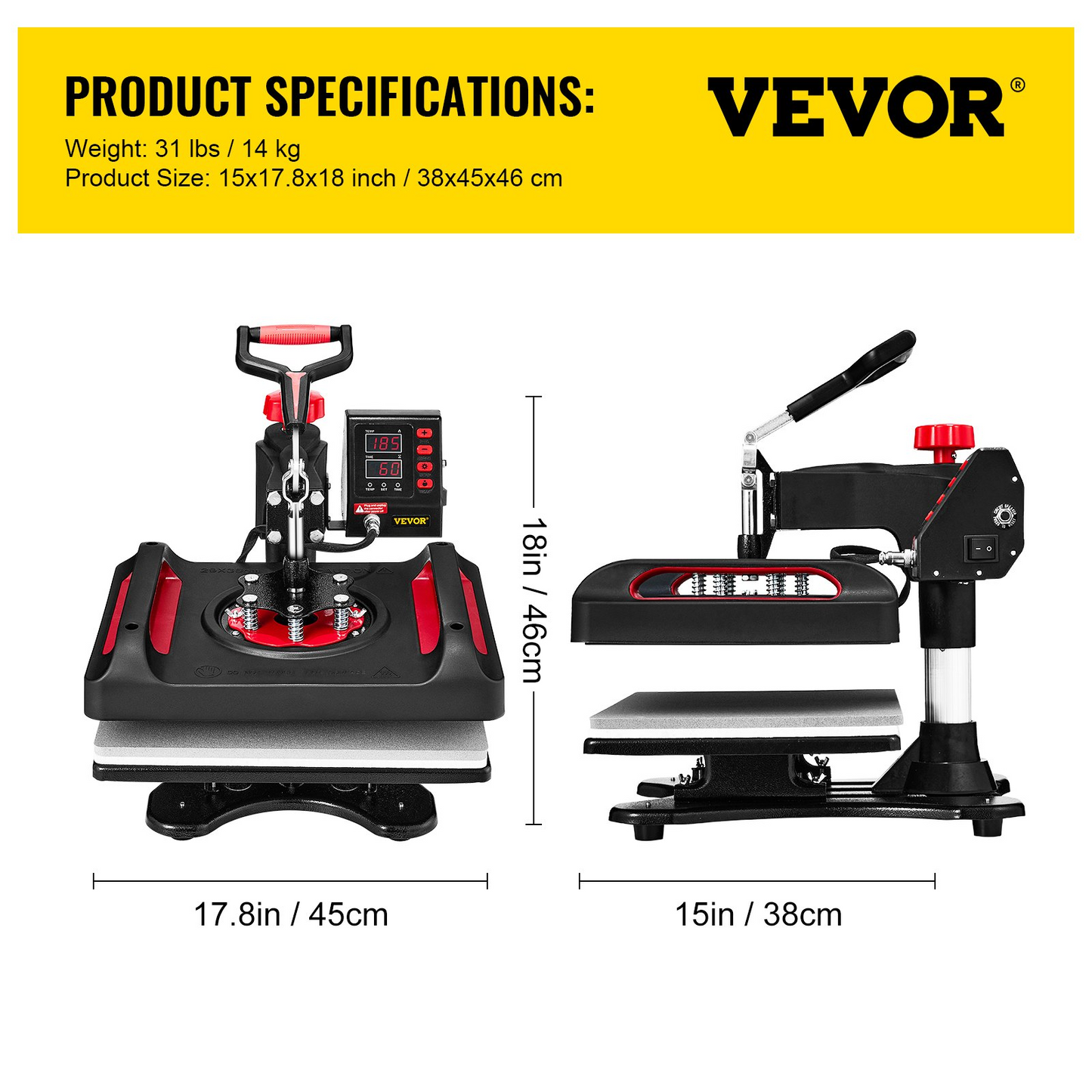 VEVOR 11 in 1 Heat Press, 12 x 15 Inch, Multifunctional Clamshell Printer, Digital Dual-Tube Heat Press Transfer Machine, Swing Away Sublimation Machine for T-Shirt Hat Cap Mug Plate Pen Shoes Black,360° Swing Away Design