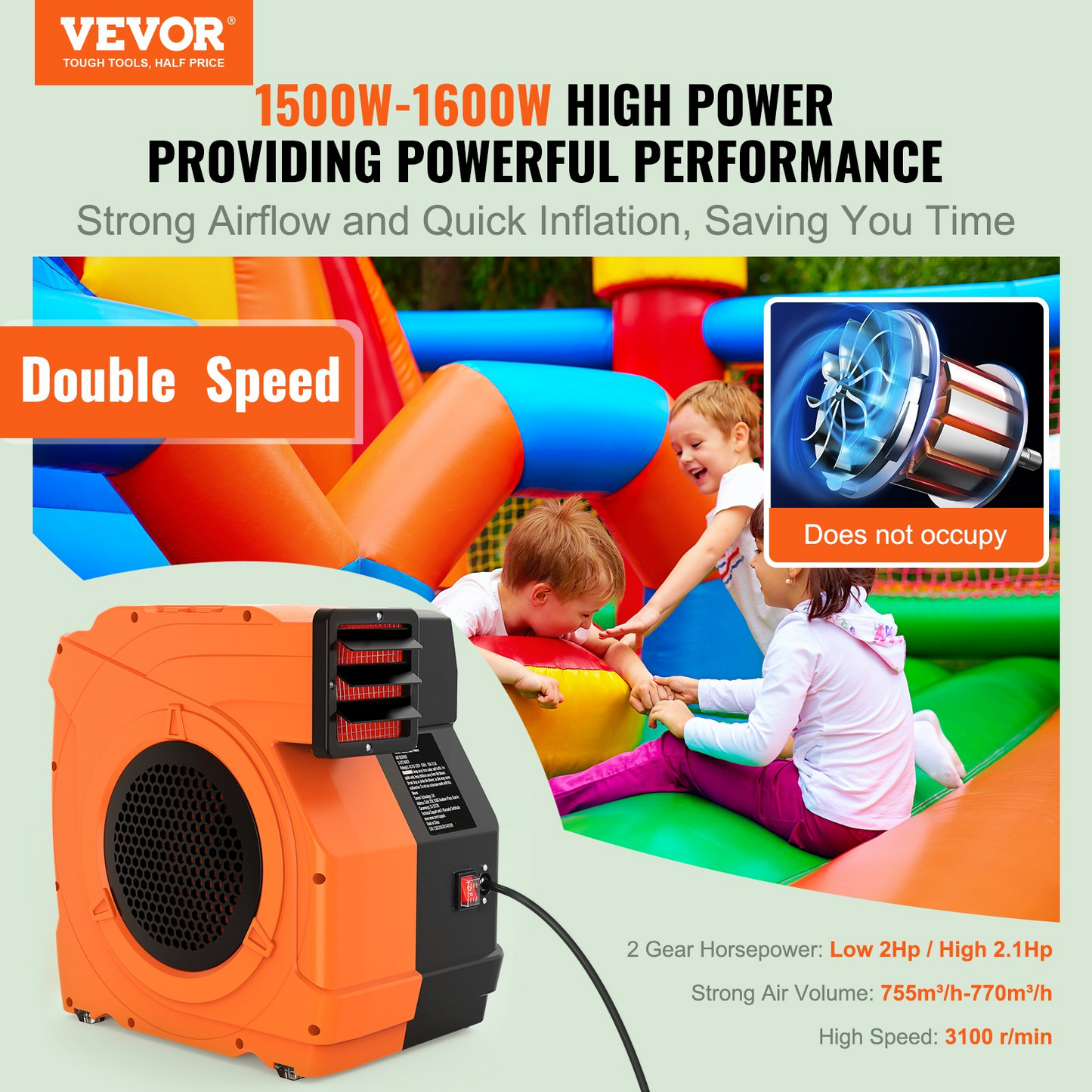 VEVOR Inflatable Blower, 1500W, 2 & 2.1 HP Bounce House Blower, Pump Commercial Air Blower for Inflatables, 3100 RPM Bouncy Castle Electric Fan Perfect for Bounce House, Waterslides, UL Listed