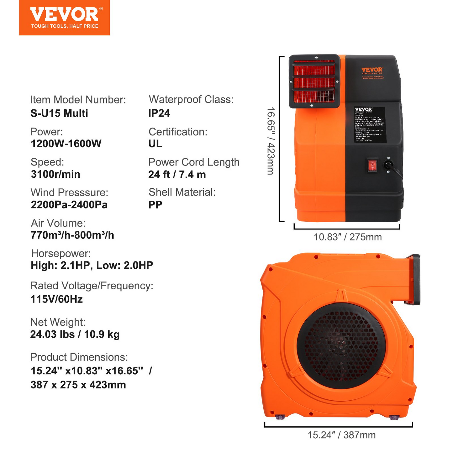 VEVOR Inflatable Blower, 1500W, 2 & 2.1 HP Bounce House Blower, Pump Commercial Air Blower for Inflatables, 3100 RPM Bouncy Castle Electric Fan Perfect for Bounce House, Waterslides, UL Listed