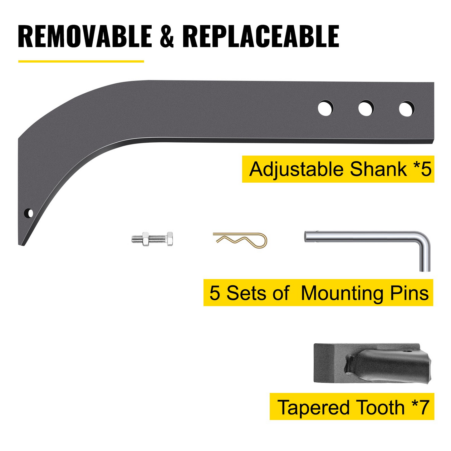 VEVOR 5pcs Box Blade Shank, 16'' Scarifier Shank, 3 Holes Box Scraper Shank, Ripper Shank with Removable Tapered Teeth and Pins, Adjustable Shanks Assembly for Replacement, Digging, Plowing