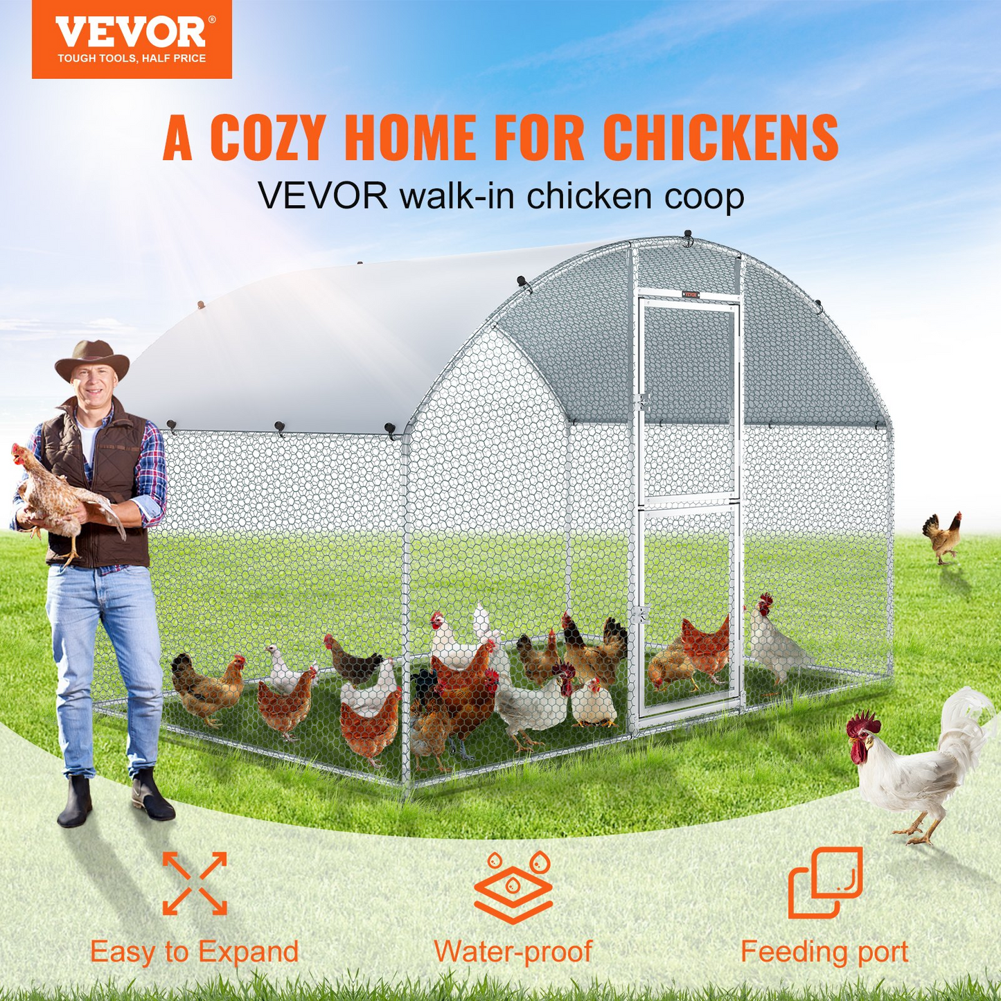 VEVOR Large Metal Chicken Coop with Run, Walkin Chicken Coop for Yard with Waterproof Cover, 6.6 x 9.8 x 6.6 ft, Dome Roof Large Poultry Cage for Hen House, Duck Coop and Rabbit Run, Silver