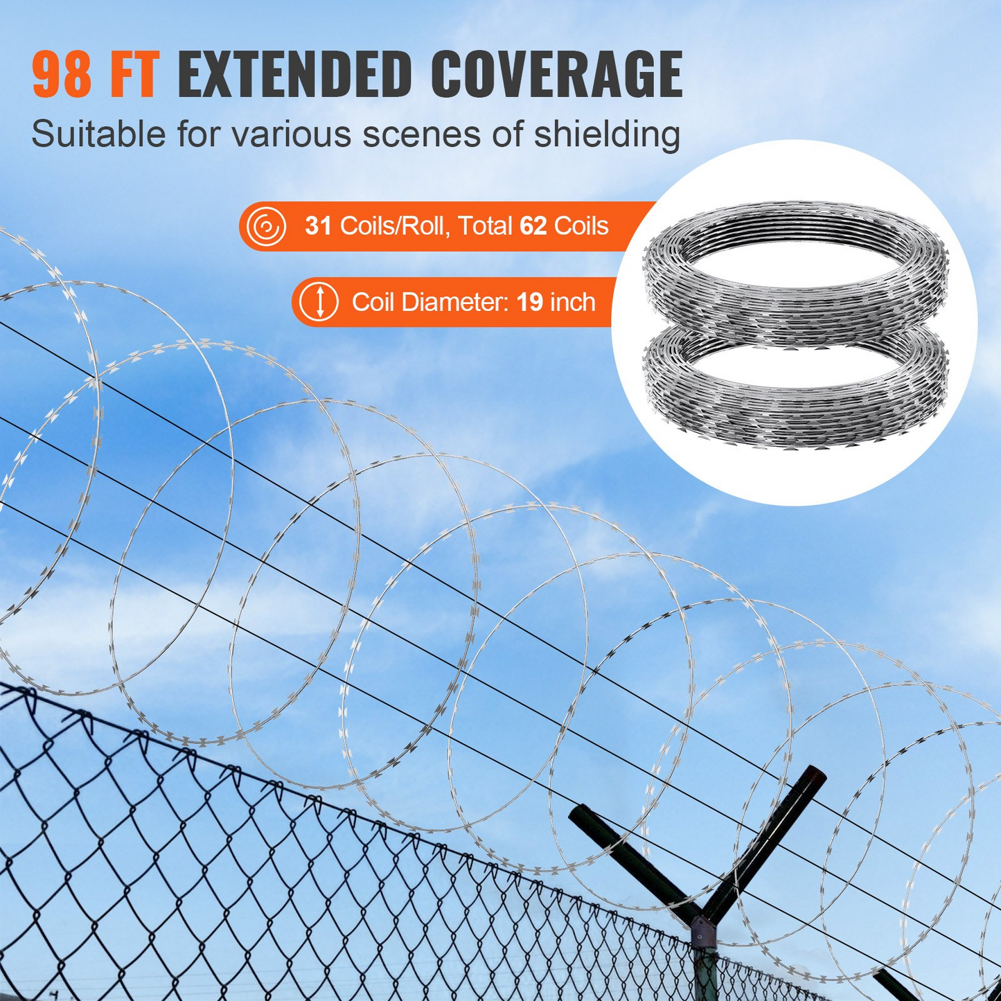 VEVOR Razor Wires, 98 ft Razor Barbed Wire, 2 Rolls Razor Wire Fencing Razor Fence, Razor Ribbon Barbed Wire Galvanized Razor Wire Fence, Rolls Razor for Garden