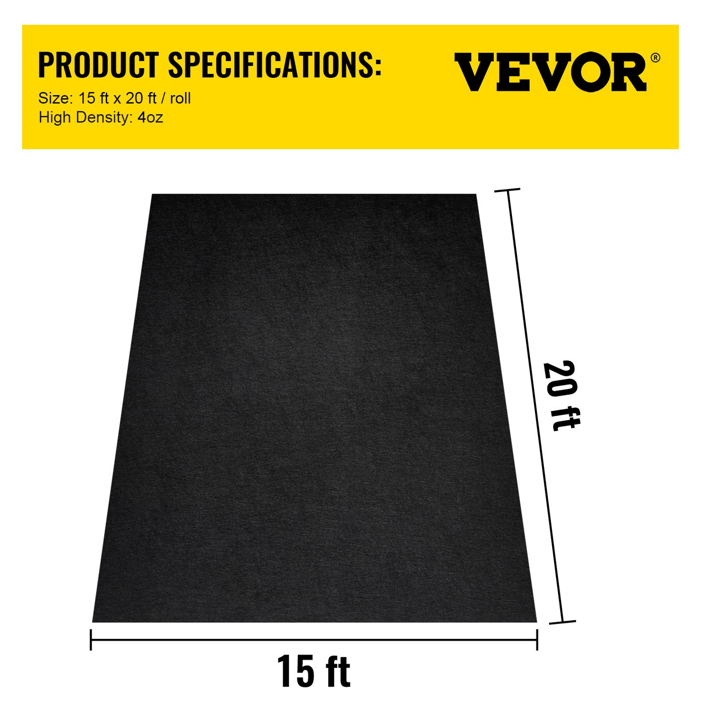 VEVOR Garden Weed Barrier Fabric, 4OZ Heavy Duty Geotextile Landscape Fabric, 15ft x 20ft Non-Woven Weed Block Gardening Mat for Ground Cover, Weed Control Cloth, Landscaping, Underlayment, Black