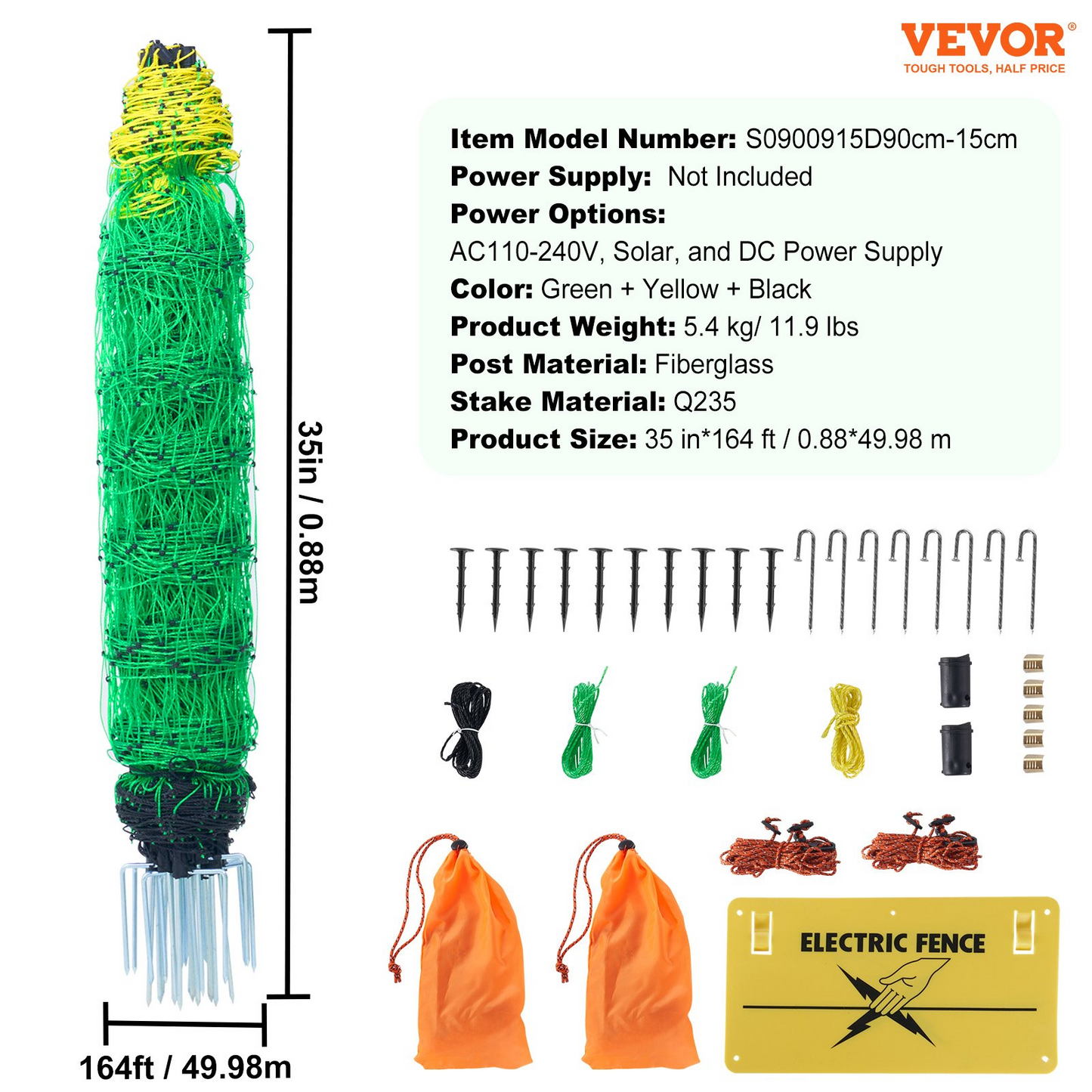 VEVOR Electric Fence Netting, 35" H x 164' L, PE Net Fencing with Posts & Double-Spiked Stakes, Utility Portable Mesh for Goats, Sheep, Lambs, Deer, Hogs, Dogs, Used in Backyards, Farms, and Ranches