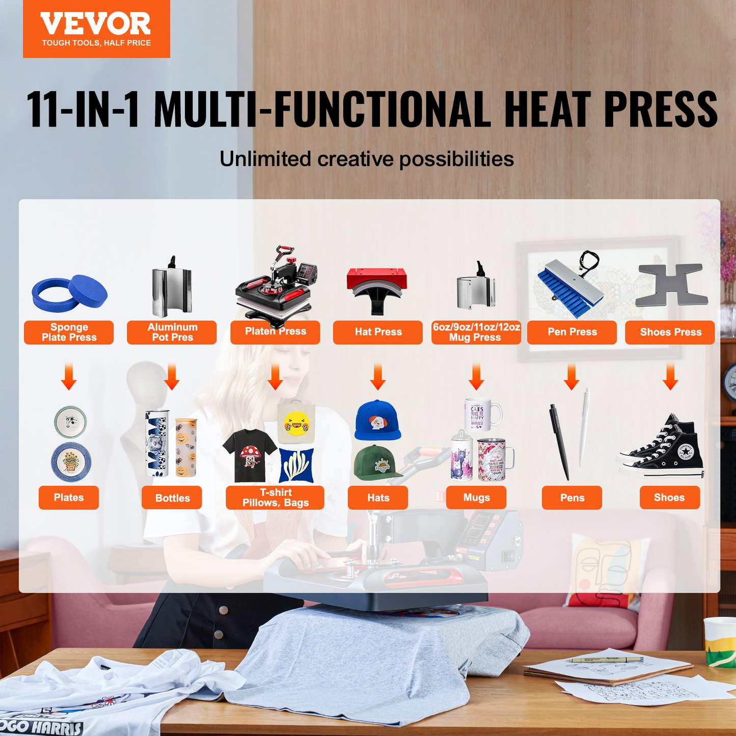 VEVOR 11 in 1 Heat Press, 12 x 15 Inch, Multifunctional Clamshell Printer, Digital Dual-Tube Heat Press Transfer Machine, Swing Away Sublimation Machine for T-Shirt Hat Cap Mug Plate Pen Shoes Black,360° Swing Away Design