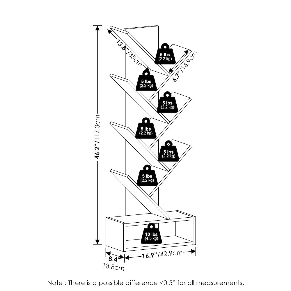 Tree Bookshelf 7-Tier Floor Standing Tree Bookcase with Bin Drawer