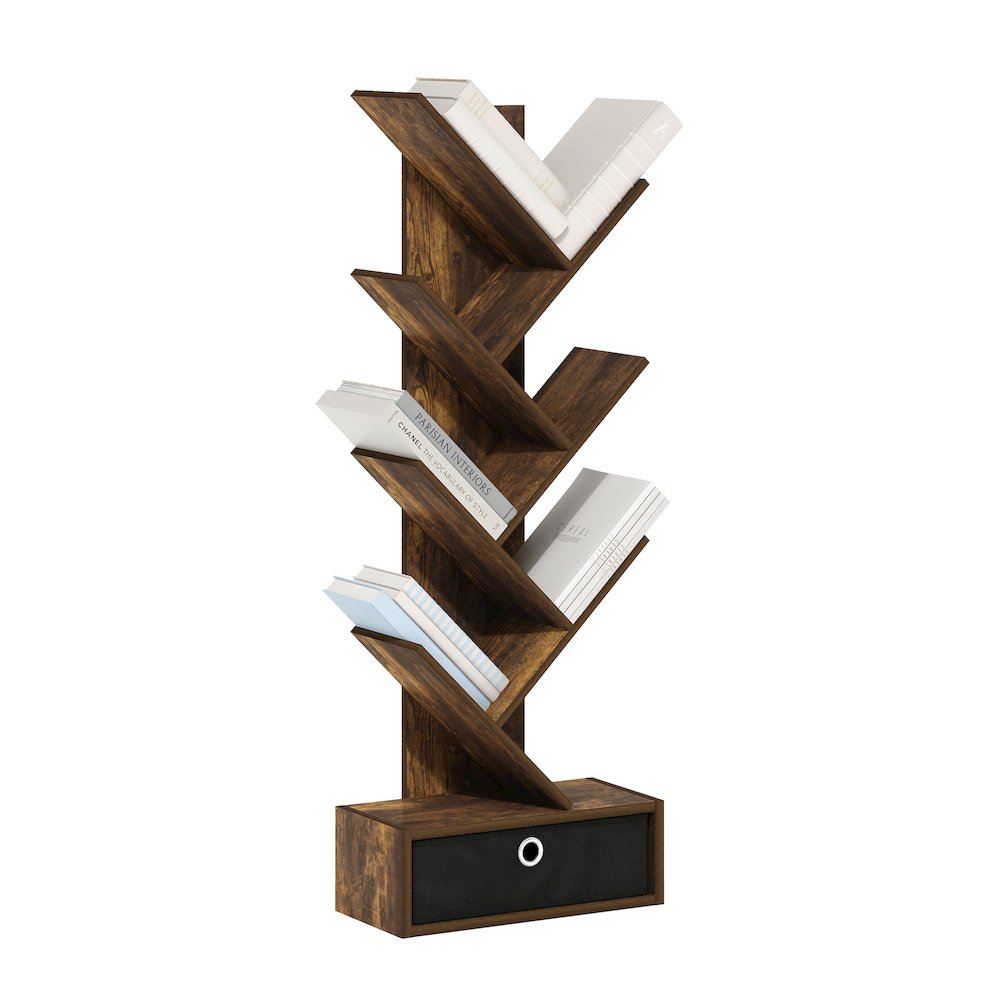 Tree Bookshelf 7-Tier Floor Standing Tree Bookcase with Bin Drawer