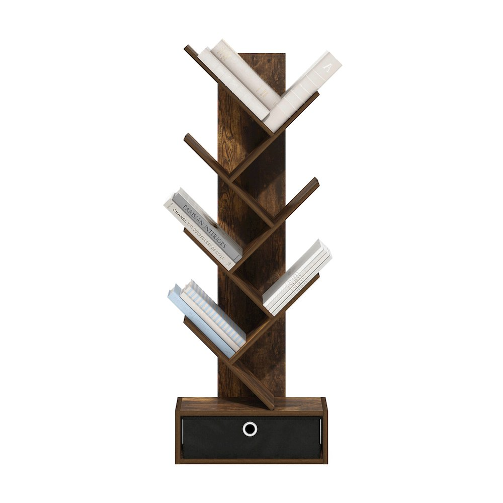 Tree Bookshelf 7-Tier Floor Standing Tree Bookcase with Bin Drawer