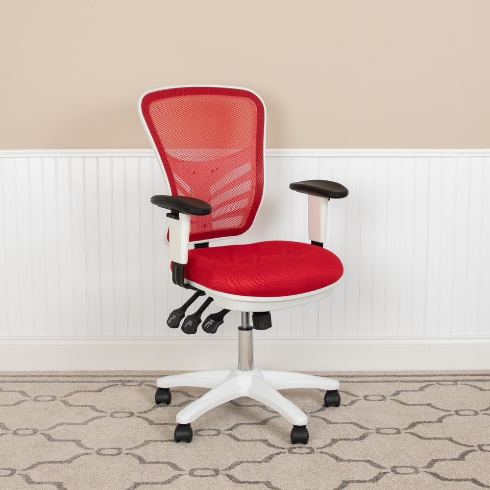 Mid-Back Red Mesh Multifunction Executive Swivel Ergonomic Office Chair with Adjustable Arms and White Frame