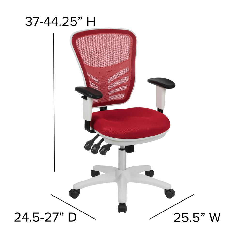 Mid-Back Red Mesh Multifunction Executive Swivel Ergonomic Office Chair with Adjustable Arms and White Frame