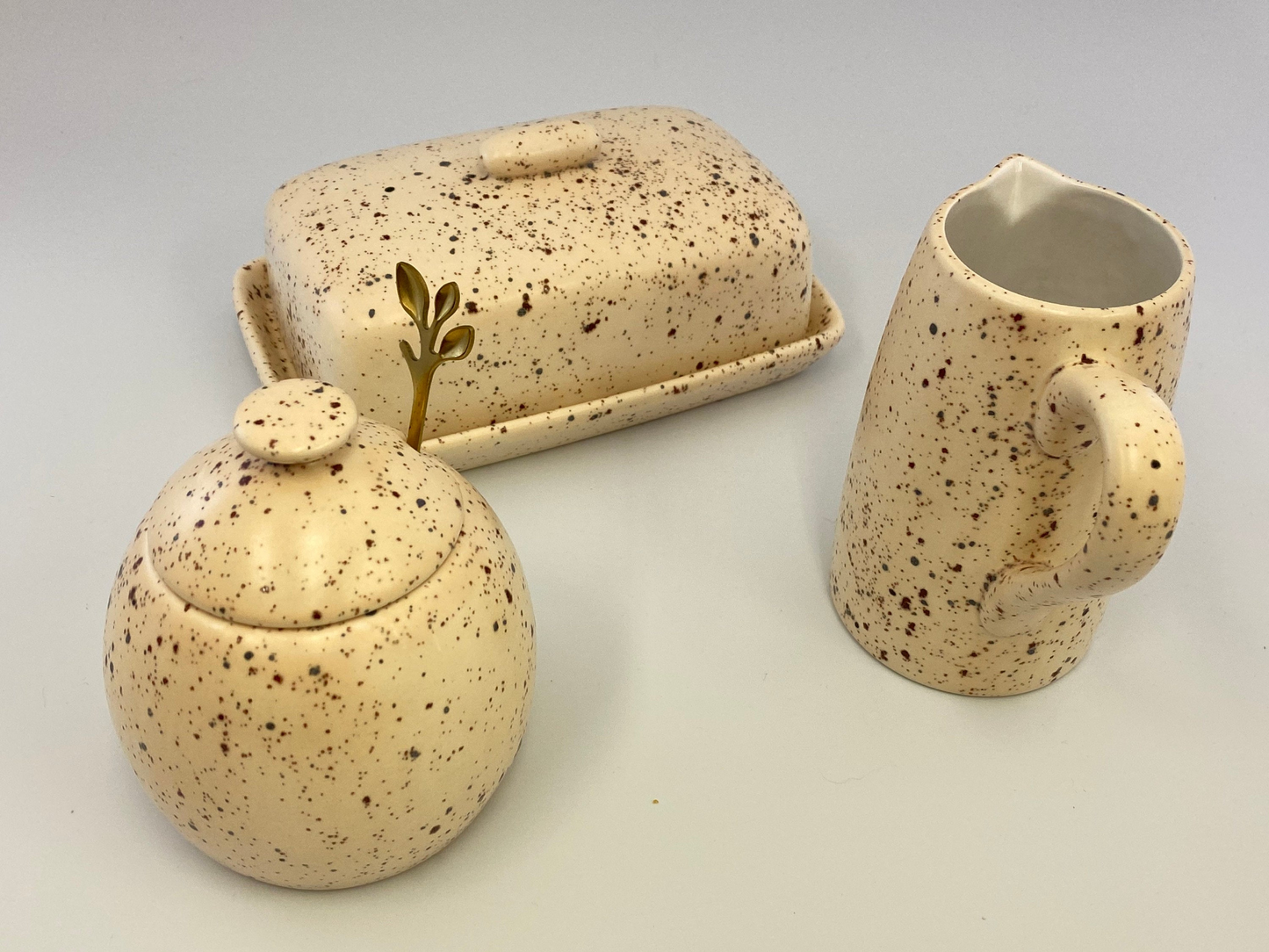 Butter Dish, Sugar Bowl and Milk Jug Set - Speckled Honey