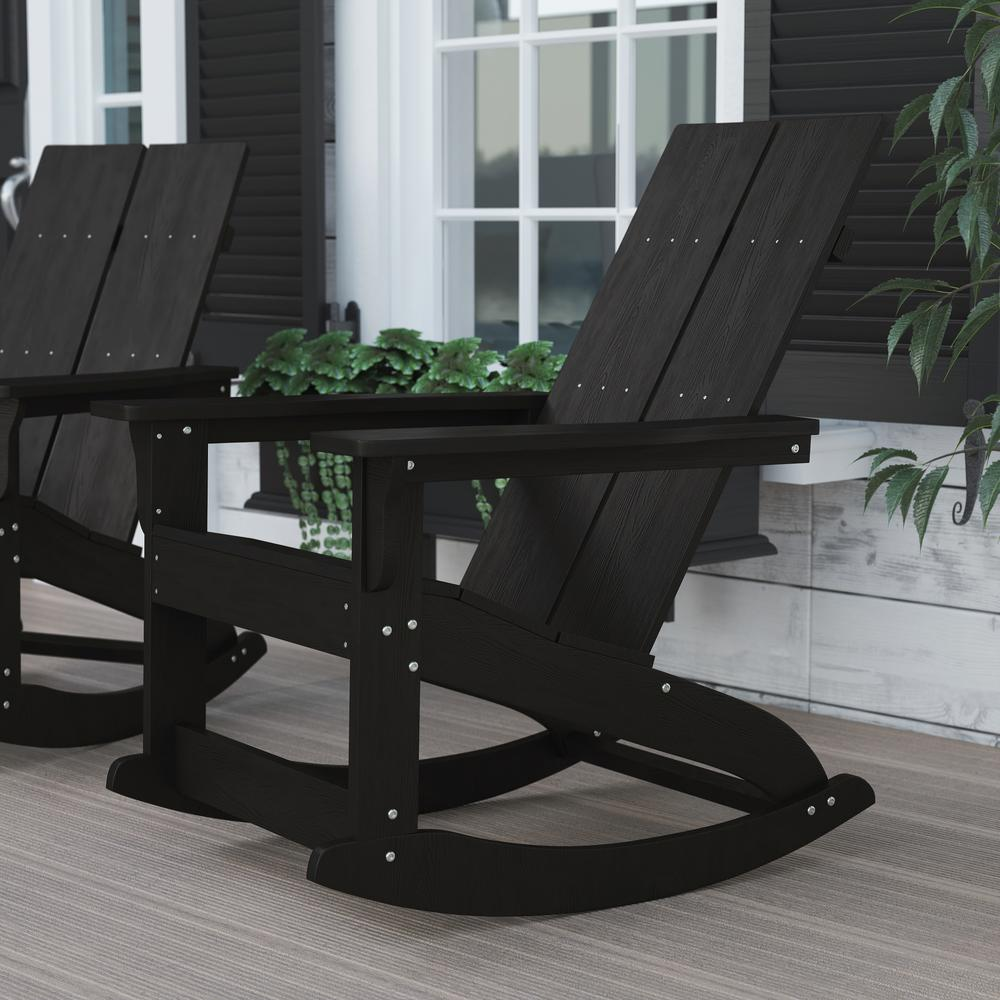 Finn Modern All-Weather 2-Slat Poly Resin Wood Rocking Adirondack Chair with Rust Resistant Stainless Steel Hardware in Black
