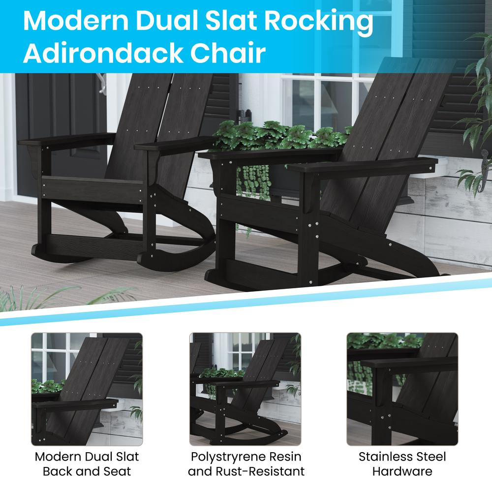 Finn Modern All-Weather 2-Slat Poly Resin Wood Rocking Adirondack Chair with Rust Resistant Stainless Steel Hardware in Black