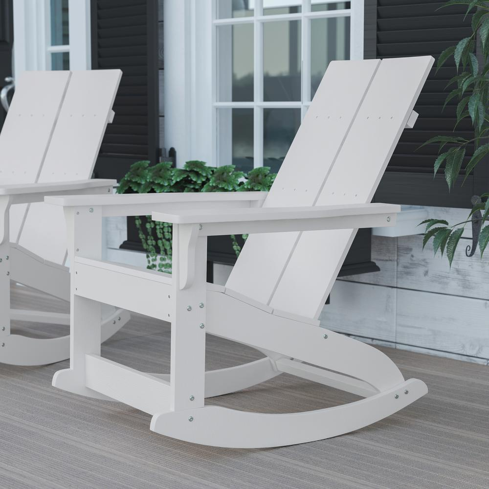 Finn Modern All-Weather 2-Slat Poly Resin Wood Rocking Adirondack Chair with Rust Resistant Stainless Steel Hardware in White