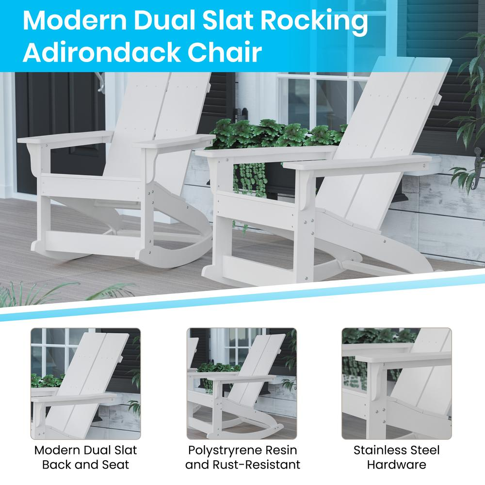 Finn Modern All-Weather 2-Slat Poly Resin Wood Rocking Adirondack Chair with Rust Resistant Stainless Steel Hardware in White