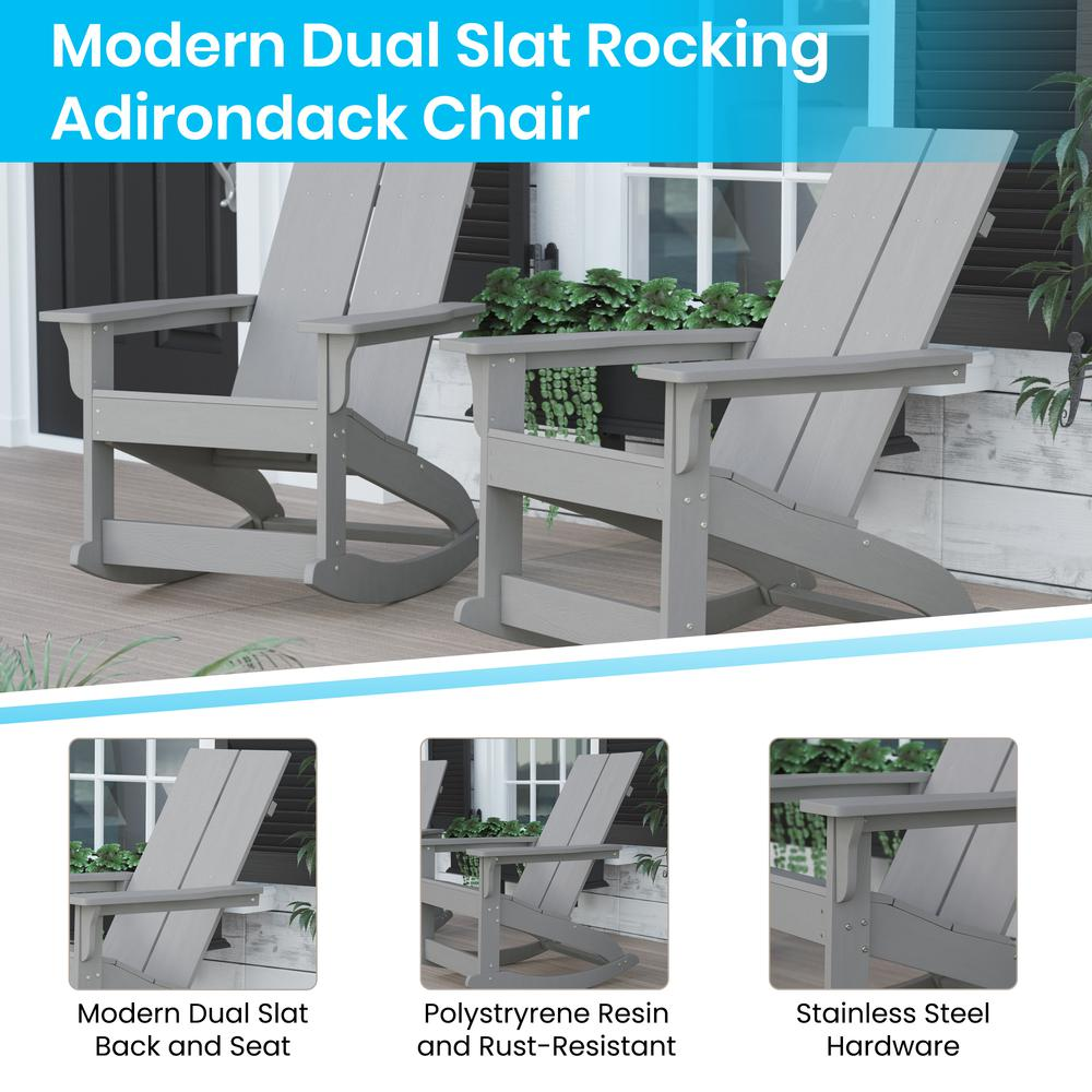 Finn Modern All-Weather 2-Slat Poly Resin Wood Rocking Adirondack Chair with Rust Resistant Stainless Steel Hardware in Gray