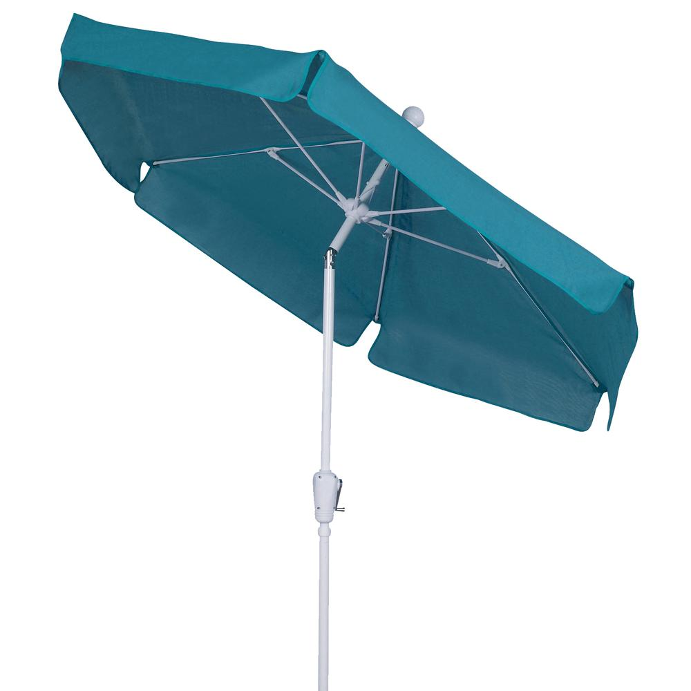 7.5' Hex Home Garden Tilt Umbrella 6 Rib Crank White with Teal Vinyl Coated Weave Canopy