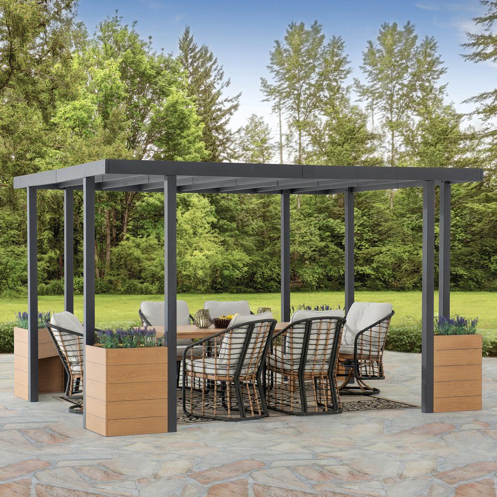 Sunjoy Marbella 10 x 12ft. Outdoor Patio Black Steel Frame Pergola with Planters