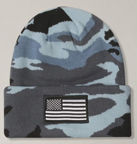 USA Flag Embroidery Patch Cuff Camo Beanie Hat (Case: 18 Qty)