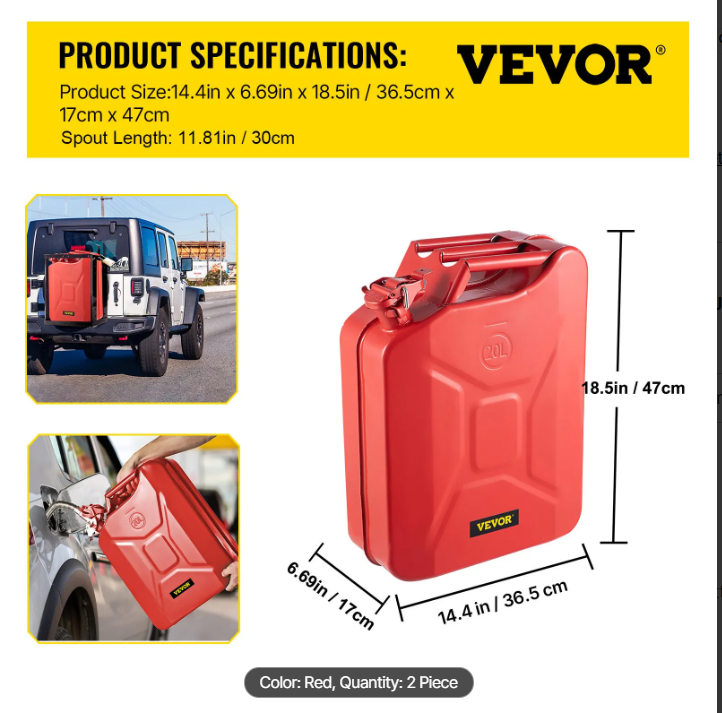Jerry Fuel Can, 5.3 Gallon / 20 L Portable Jerry Gas Can with Flexible Spout System, Rustproof & Heat-resistant Steel Fuel Tank for Cars Trucks Equipment, 2PCS Red