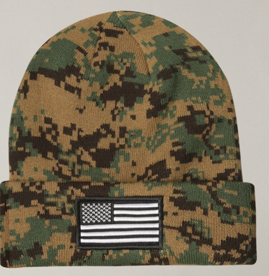USA Flag Embroidery Patch Cuff Camo Beanie Hat (Case: 18 Qty)