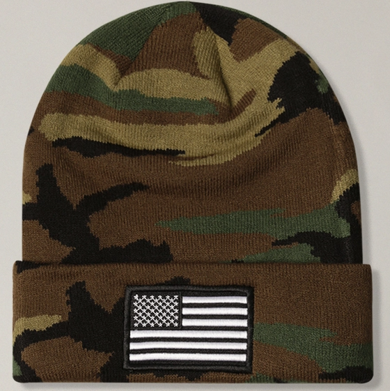USA Flag Embroidery Patch Cuff Camo Beanie Hat (Case: 18 Qty)