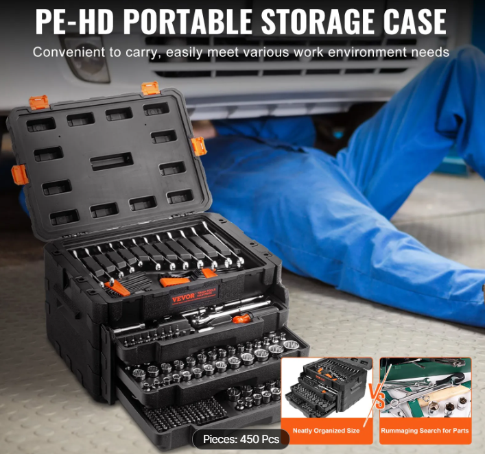 Mechanics Tool Set and Socket Set, 1/4" 3/8" 1/2" Drive Deep and Standard Sockets, 450 Pcs SAE and Metric Mechanic Tool Kit with Bits, Hex Wrenches, Combination Wrench, Accessories, Storage Case