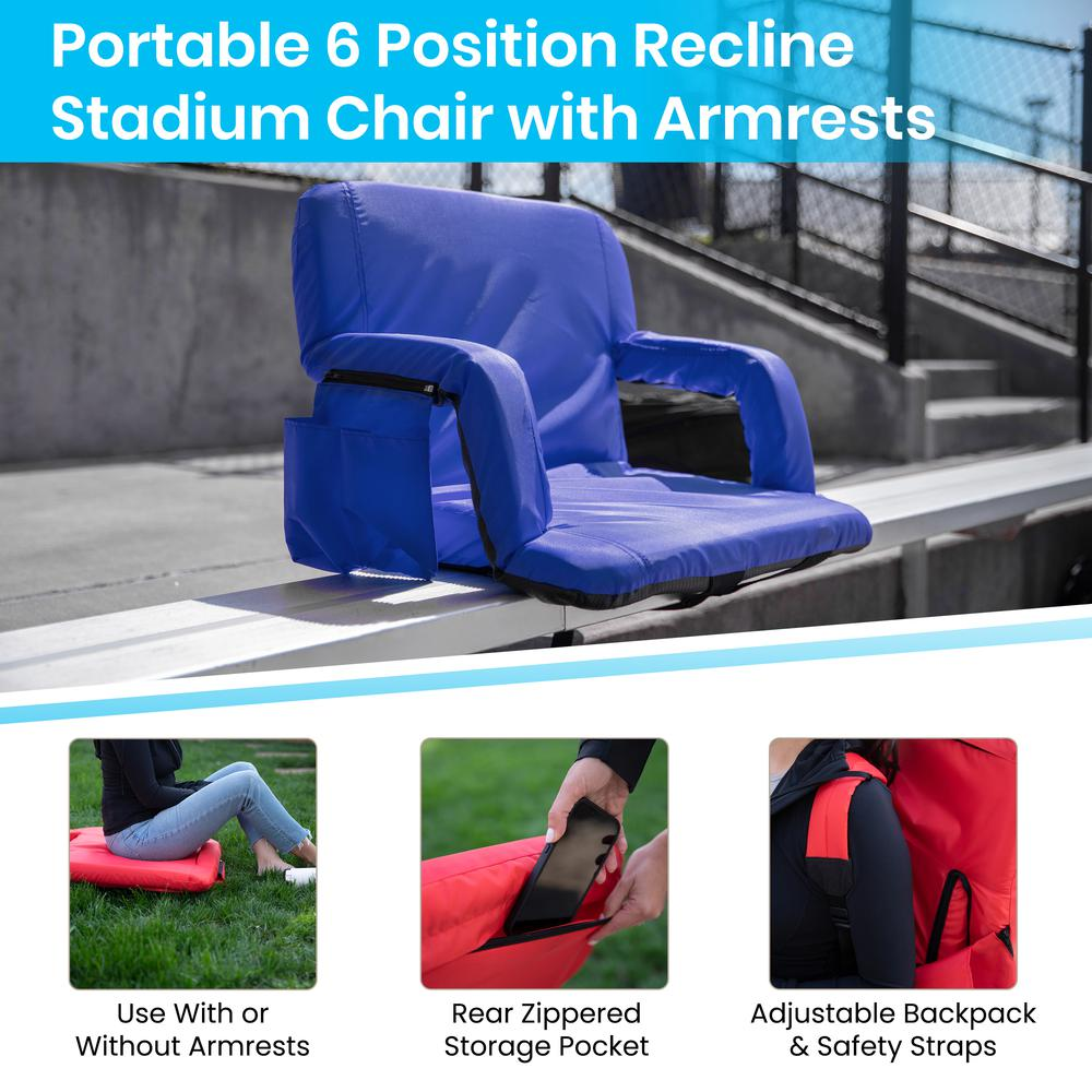 Blue Portable Lightweight Reclining Stadium Chair with Armrests, Padded Back & Seat with Dual Storage Pockets and Backpack Straps