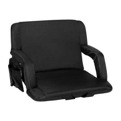 Extra Wide Black Lightweight Reclining Stadium Chair with Armrests, Padded Back & Seat with Dual Storage Pockets and Backpack Straps