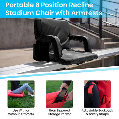 Extra Wide Black Lightweight Reclining Stadium Chair with Armrests, Padded Back & Seat with Dual Storage Pockets and Backpack Straps