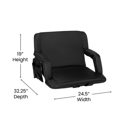 Extra Wide Black Lightweight Reclining Stadium Chair with Armrests, Padded Back & Seat with Dual Storage Pockets and Backpack Straps