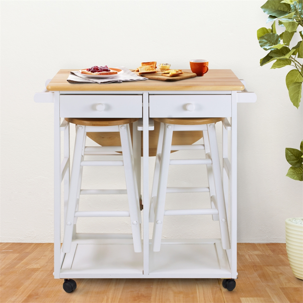 Breakfast Cart with Drop-Leaf Table-White