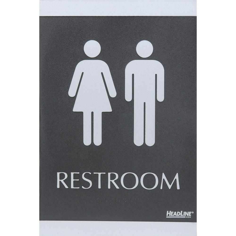 Headline Signs ADA RESTROOM Sign - 1 Each - Restroom Print/Message - 6" Width - Rectangular Shape - Silver Print/Message Color - Adhesive Backing, Durable, Pictogram, Self-adhesive, Braille - Plastic