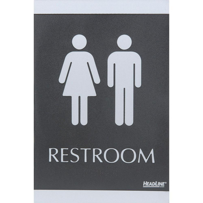 Headline Signs ADA RESTROOM Sign - 1 Each - Restroom Print/Message - 6" Width - Rectangular Shape - Silver Print/Message Color - Adhesive Backing, Durable, Pictogram, Self-adhesive, Braille - Plastic